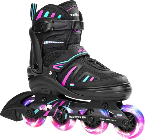 METROLLER Patines en línea ajustables para niñas y niños con ruedas iluminadas, patines en línea para niños y jóvenes, cuchillas divertidas para