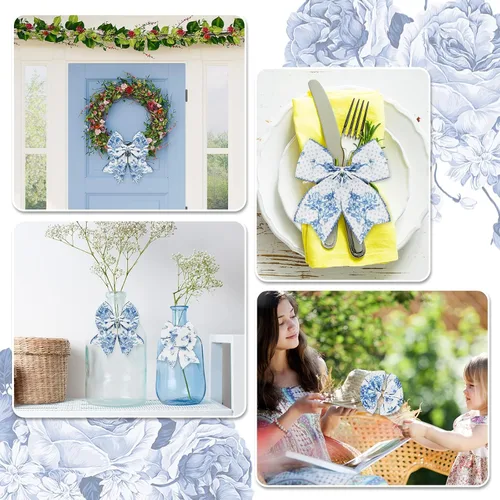 Miniatura 7 de AnyDesign Cinta blanca y azul con borde con alambre, diseño de mariposas y flores, 24 yardas, 2.5 pulgadas, cintas de tela de flores azules