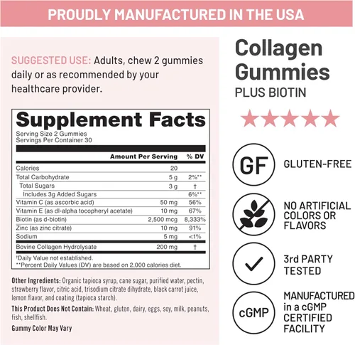Miniatura 4 de NatureWise Gomitas de colágeno - Gomitas de colágeno hidrolizado - Péptidos de tipo 1 y 3 para mujeres + Biotina, vitamina C, E y zinc para el apoyo