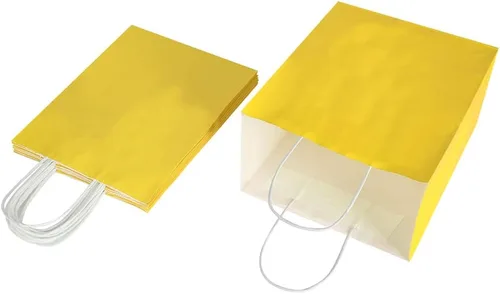 Miniatura 4 de Oikss paquete de 50 bolsas de papel kraft amarillo mediano de 8x4.75x10 pulgadas con asas a granel para cumpleaños, bodas, fiestas, regalos, compras