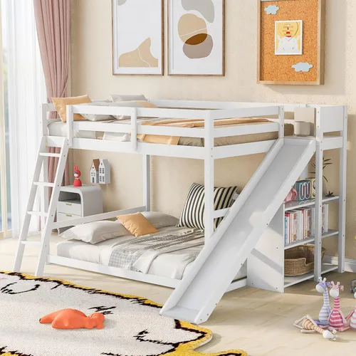 Miniatura 37 de Litera de casa individual sobre cama individual con tobogán convertible y nido, litera de madera maciza con techo y ventana para niños, verde-blanco