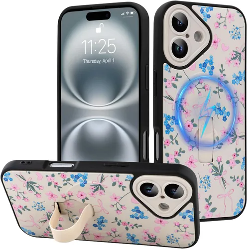 Miniatura 49 de Funda diseñada para iPhone 17 Pro Max con soporte plegable y correa para dedos, bonito patrón de lazo de corazón de flor rosa para mujeres y niñas