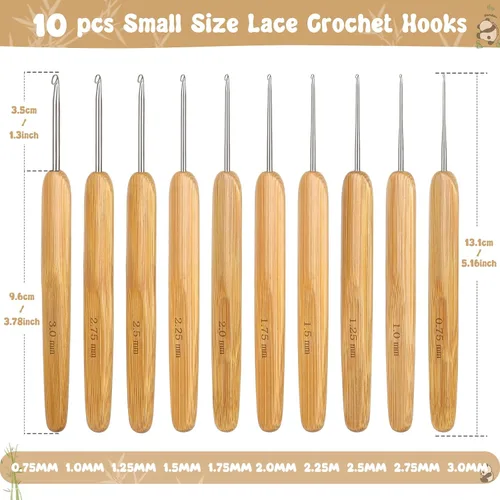 Miniatura 5 de Katech 10 ganchos de ganchillo ergonómicos para ganchillo, mango de madera de bambú, gancho de ganchillo de tamaño pequeño (0.030-0.118 in), hilo
