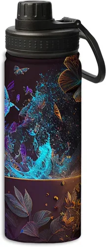 Miniatura 23 de OOZ Calavera y flores patrón 18 oz deportes aislados botellas de agua de acero inoxidable para correr, senderismo, ciclismo, escalada, negro Negro 8