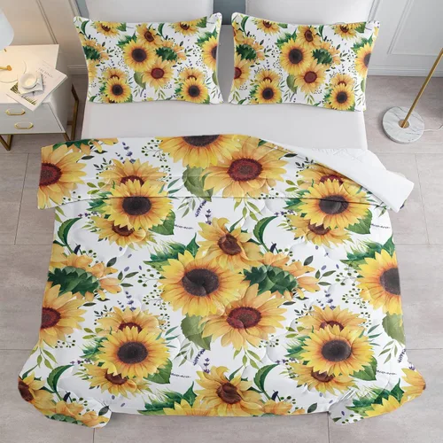 Miniatura 7 de Juego de edredón suave de lujo con diseño floral de girasol y hojas verdes, 1 edredón y 2 fundas de almohada