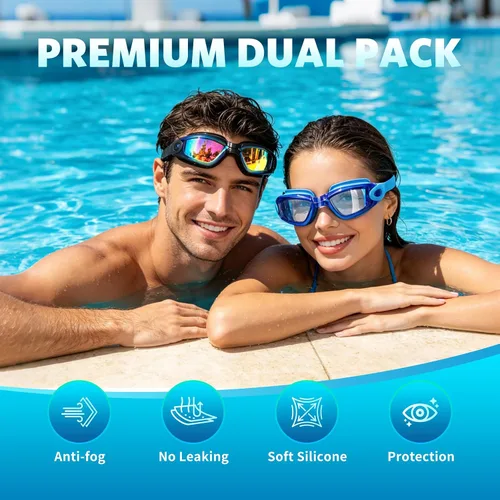 Miniatura 2 de Aegend - Gafas de natación, paquete de 2 gafas de natación sin filtraciones, para adultos, hombres, mujeres y jóvenes Plateado brillante y azul