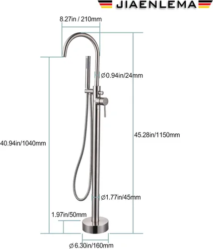Miniatura 6 de Grifo de bañera independiente de níquel cepillado con pulverizador, grifo de bañera de montaje en piso de alto flujo de latón, mango único