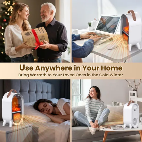 Miniatura 7 de Riseon - Calentador de chimenea eléctrico portátil, 1500W/750W, mini calentador de espacio para uso en interiores con llama 3D, termostato, asa