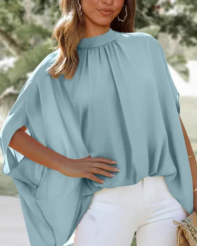 Miniatura 3 de BTFBM Blusas de verano para mujer, cuello alto falso, manga murciélago, holgadas, dobladillo alto y bajo, blusas informales de gran