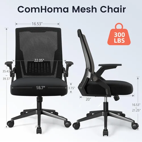Miniatura 3 de COMHOMA Silla de oficina con reposabrazos abatibles, silla de escritorio ergonómica para computadora con soporte lumbar adaptable y malla Negro