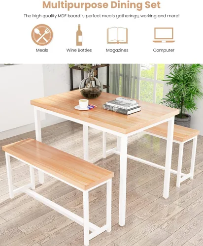 Miniatura 9 de Recaceik Juego de mesa de comedor de 47 pulgadas para 4, mesa de cocina de 3 piezas con 2 bancos, juego de mesa y sillas de cocina de madera, juego