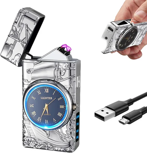 Miniatura 17 de Reloj Eléctrico Genial con Encendedor de Plasma de Doble Arco, Resistente al Viento, Recargable por USB con Indicación de Batería para Fuego, Dragón