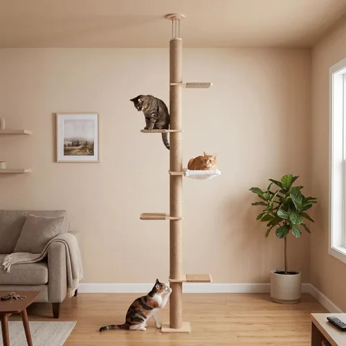 Árbol para gatos de piso a techo, altura ajustable de 5 niveles (6-10.1 pies), torre de escalada con postes rascadores de sisal, actividad para