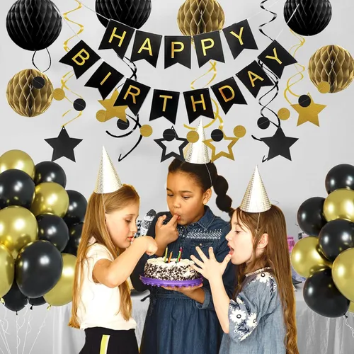 Miniatura 4 de Decoraciones de cumpleaños negras y doradas, pancarta de feliz cumpleaños con estrellas negras y doradas, serpentinas colgantes de espiral, bolas