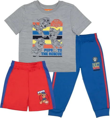 Nickelodeon Paw Patrol Pups To The Rescue - Conjunto de 3 piezas para niños, camiseta de manga corta, pantalones cortos y pantalones deportivos,