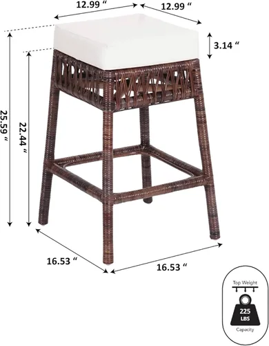 Miniatura 3 de JONATHAN Y Bali - Taburete de mimbre tejido de 25.6 pulgadas con cojín, taburete bohemio marrón oscuro con reposapiés para isla de cocina, bar