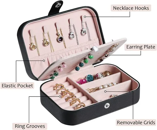 Miniatura 2 de Joyero de viaje, organizador de joyas pequeño de piel sintética para mujeres y niñas, mini estuche de viaje portátil, cajas de almacenamiento
