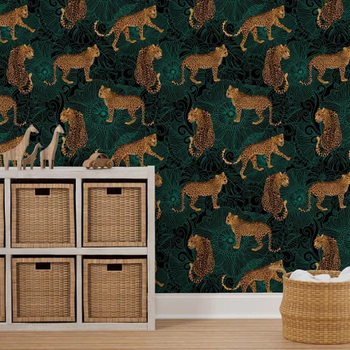 Miniatura 7 de Papel tapiz autoadhesivo de 12 x 2 pies – Leopardo exótico selva negro verde animal África guepardo tigre papel tapiz extraíble personalizado por