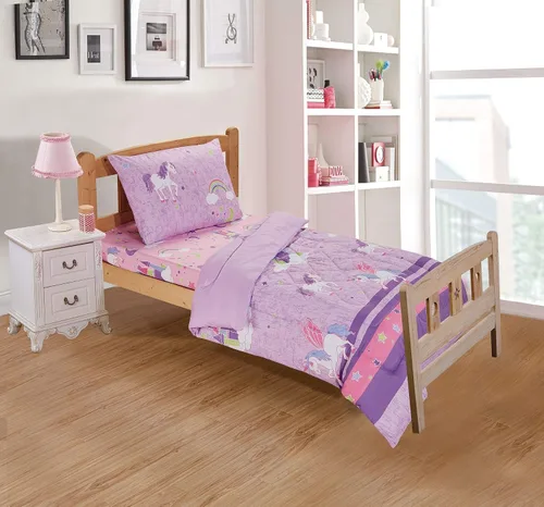 Home Collection - Juego de edredón y sábanas para niños pequeños, diseño de castillo de unicornio, arcoíris, lavanda, rosa, morado, multicolor, para