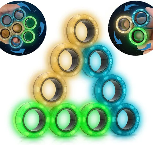 Miniatura 8 de Juego de anillos magnéticos giratorios, 12 piezas de anillos con imanes que brillan en la oscuridad para entrenamiento, alivia el autismo