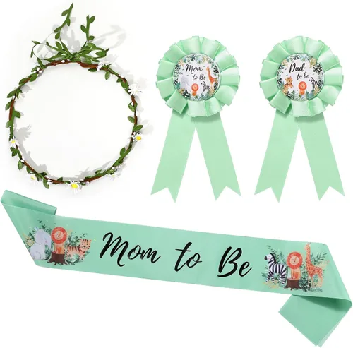 Xinnun 4 piezas de decoración de baby shower, safari con temática de selva para mamá y papá, ramillete con corona de flores de hojas verde salvia