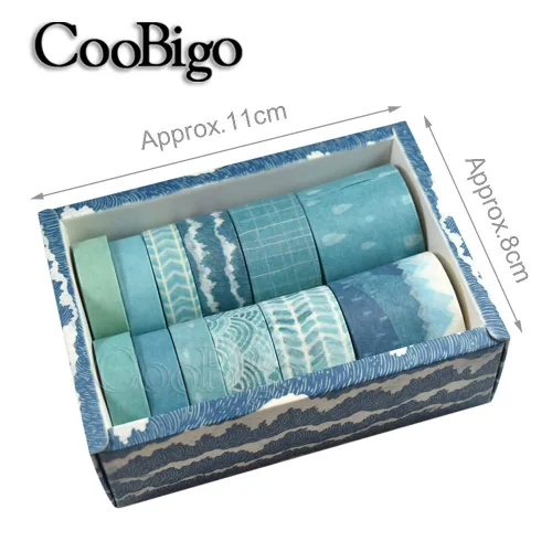CooBigo Juego de cintas Washi, 12 rollos de 4 tamaños de cintas adhesivas decorativas para manualidades, álbumes de recortes, bricolaje, Pista azul