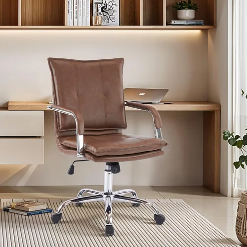 Miniatura 9 de MOJAY Silla de escritorio ergonómica de cuero con respaldo medio, moderna silla tapizada para computadora, silla de oficina ejecutiva con brazos