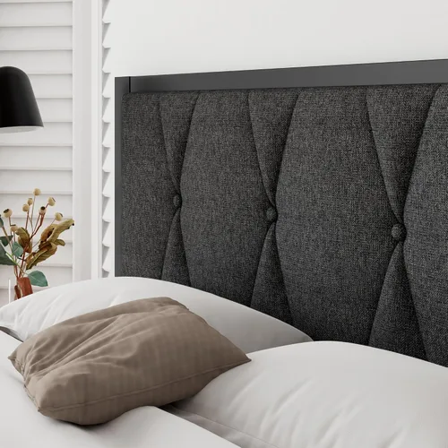 Miniatura 4 de iPormis Base de cama tamaño matrimonial de metal, cama de plataforma con cabecera de botones de lino, soporte de listones resistentes, 30 cm