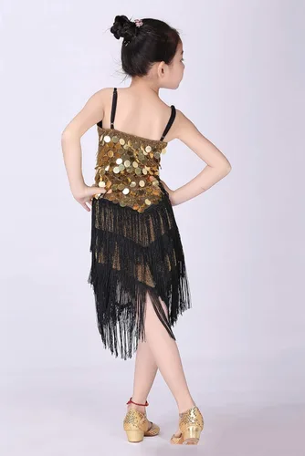 Miniatura 2 de Happy Cherry Vestido de lentejuelas con borlas para niña, falda de baile latino, disfraz brillante para niños, ballet, tango, rumba, ropa de baile