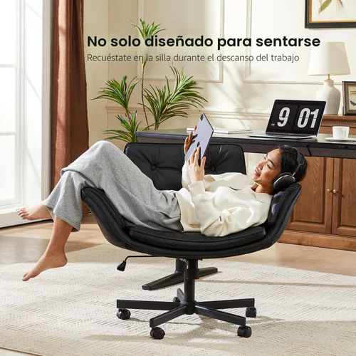 Miniatura 5 de amseatec Silla Criss Cross con reposabrazos y ruedas, silla de tocador de cuero PU, sillas de escritorio de oficina para computadora giratorias Negro