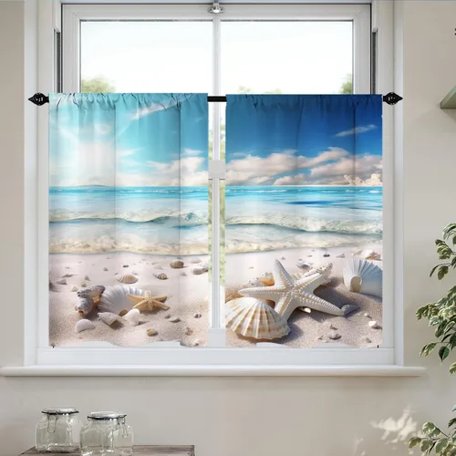 Miniatura 7 de Cortinas cortas de cocina con diseño náutico de tortugas marinas azules y playas, media cortina de baño para dormitorio, juego de 2 paneles de 27.5