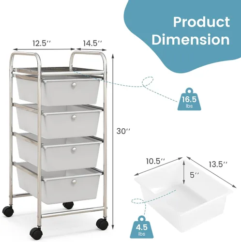 Miniatura 3 de COSTWAY Carrito de almacenamiento rodante con 4 cajones, carrito de almacenamiento de plástico y organizador con 4 cajones extraíbles, carrito