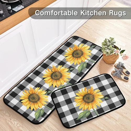 Miniatura 5 de Alfombras de cocina con girasoles para cocina, 2 piezas de búfalo a cuadros, girasol, antifatiga, alfombra antideslizante para piso, alfombra