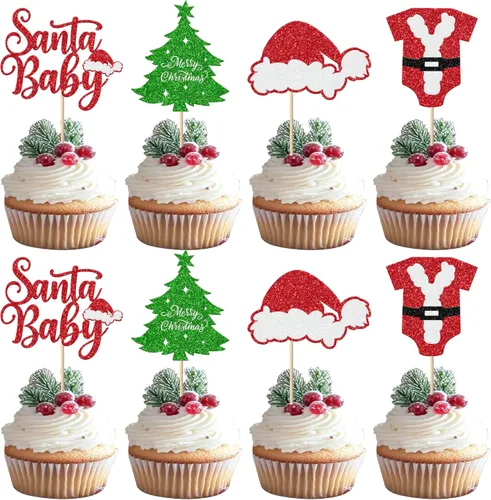 Miniatura 11 de Paquete de 24 Adornos para Cupcakes de Feliz Navidad, Adornos para Cupcakes para Revelación de Género, Adornos para Cupcakes de Árbol de Navidad, 5
