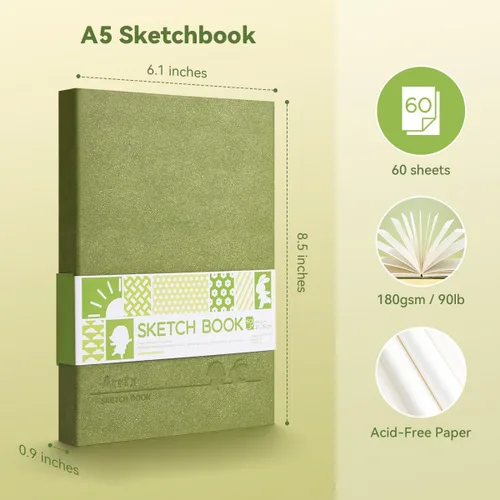 Miniatura 2 de Arrtx Cuaderno de bocetos de tapa dura premium, 60 hojas/120 páginas, papel de dibujo grueso de 180 GSM sin ácidos, bloc de bocetos de tapa dura