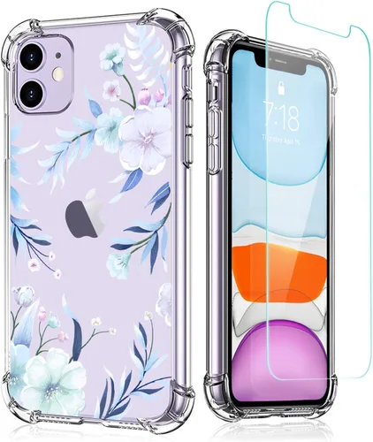Funda para iPhone 11 con protector de pantalla, diseño floral transparente para mujer, a prueba de golpes, suave, 6.1 pulgadas (hibisco)