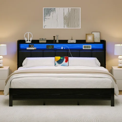 Miniatura 14 de IMMERSTABLE - Base de cama individual con cabecero de almacenamiento, marco de cama de plataforma metálico individual con luces LED y estación