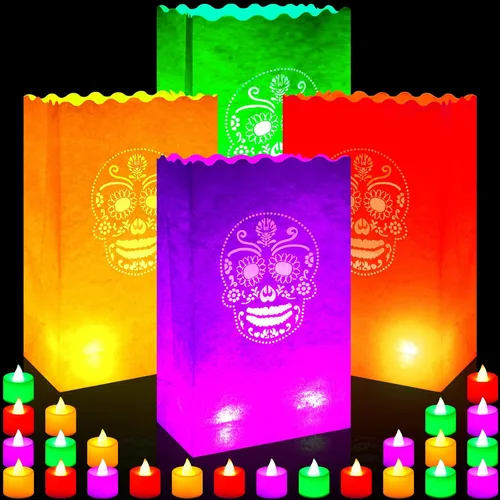 Meanplan Juego de 32 bolsas luminarias del Día de los Muertos con 32 velas LED sin llama, Dia De Los Muertos Luminarias de Navidad Mexicana para