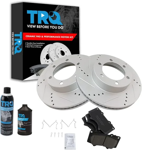 TRQ Kit de pastillas de freno y rotor de rendimiento delantero, kit químico de freno, pastillas de freno, rotores de freno de cerámica premium con