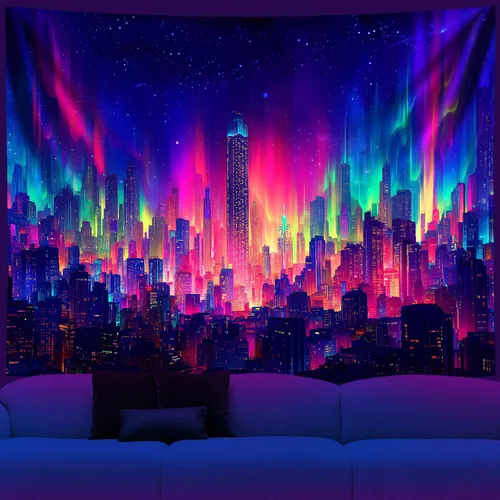 Miniatura 17 de NYZE Tapiz de luz negra de ciudad, tapiz de anime japonés, juego punk, fantasía, vista nocturna, paisaje urbano, arte futurista, neón, tapices