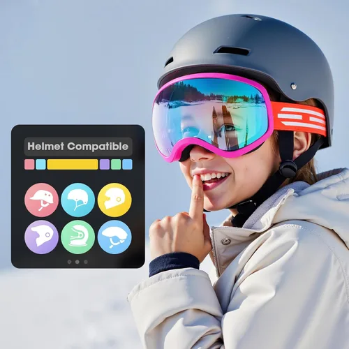Miniatura 5 de Gafas de esquí para niños, gafas de esquí de nieve para niños, jóvenes, adolescentes, niños y niñas de 5 a 14 años 05.pink con lente roja plateada