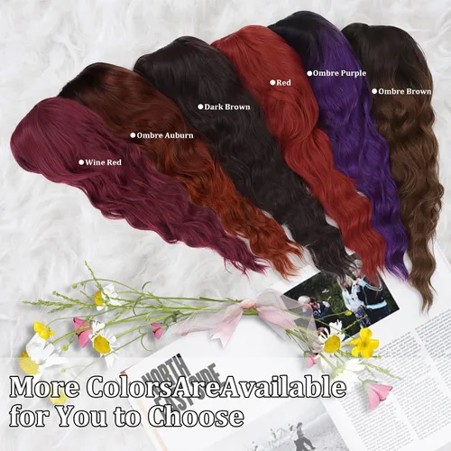 Miniatura 5 de Peluca morada con flequillo, pelucas negras y moradas para mujer, peluca larga rizada ondulada con raíces oscuras, resistente al calor, pelucas