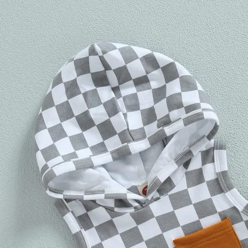 Miniatura 17 de Conjunto de ropa de verano para bebé niño y niño, diseño a cuadros, manga corta, sudadera con capucha y pantalones cortos casuales