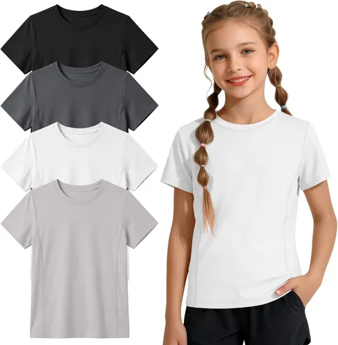 Miniatura 10 de Paquete de 4 camisetas atléticas de manga corta para niñas, de secado rápido, camisetas activas de verano con cuello redondo y ropa deportiva