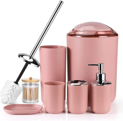 Miniatura 10 de Otostar Juego de accesorios de baño gris de bambú con soporte Qtip dispensador de jabón, soporte para cepillos de dientes, vaso, jabonera, soporte