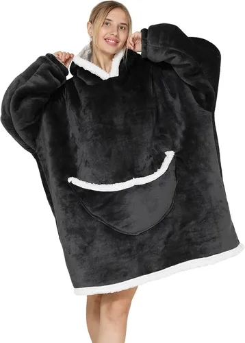 Miniatura 10 de Manta con capucha, sudadera de gran tamaño para adultos, mujeres y hombres, hecha de franela muy suave y cálida, con bolsillo y mangas
