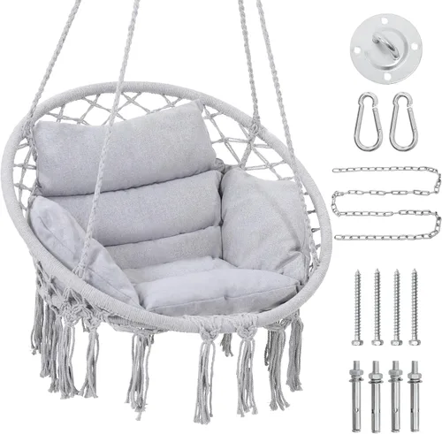 Miniatura 11 de KROFEM Hamaca Silla Colgante Oscilante de Macramé con Cojín de Gran Tamaño, Perfecta para Dormitorio, Porche, Niños, Adultos, Balcón, Beige