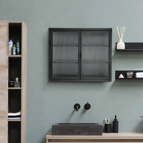 Gabinete con puertas de vidrio, gabinete de boticario de baño con 2 puertas y estantes ajustables de 27.6 pulgadas para cocina de pared para baño,
