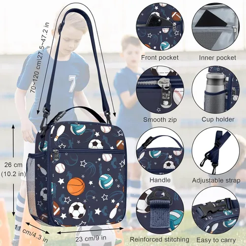Miniatura 4 de Bolsa de almuerzo térmica aislada para niños Clastyle Sport Ball, grande, azul, con enfriador térmico, para niños, para picnic, escuela, canasta