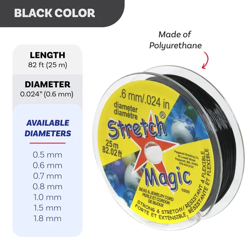Miniatura 3 de Cordón elástico para cuentas Stretch Magic – Color negro, 0.6mm de diámetro, 25 metros (82 pies) - Fácil de anudar, cuerda fuerte y elástica